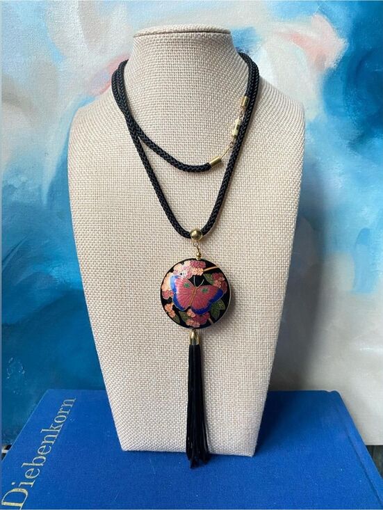 Vintage Jewelry - VTG Cloisonné Butterfly Floral Tassel Necklace Double Sided